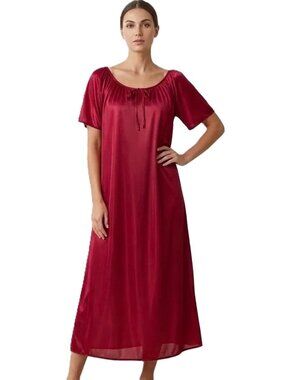 Vintage Satin Nightgown Housedress H N‎ Short Sleeve Red Jewel Tone XXL